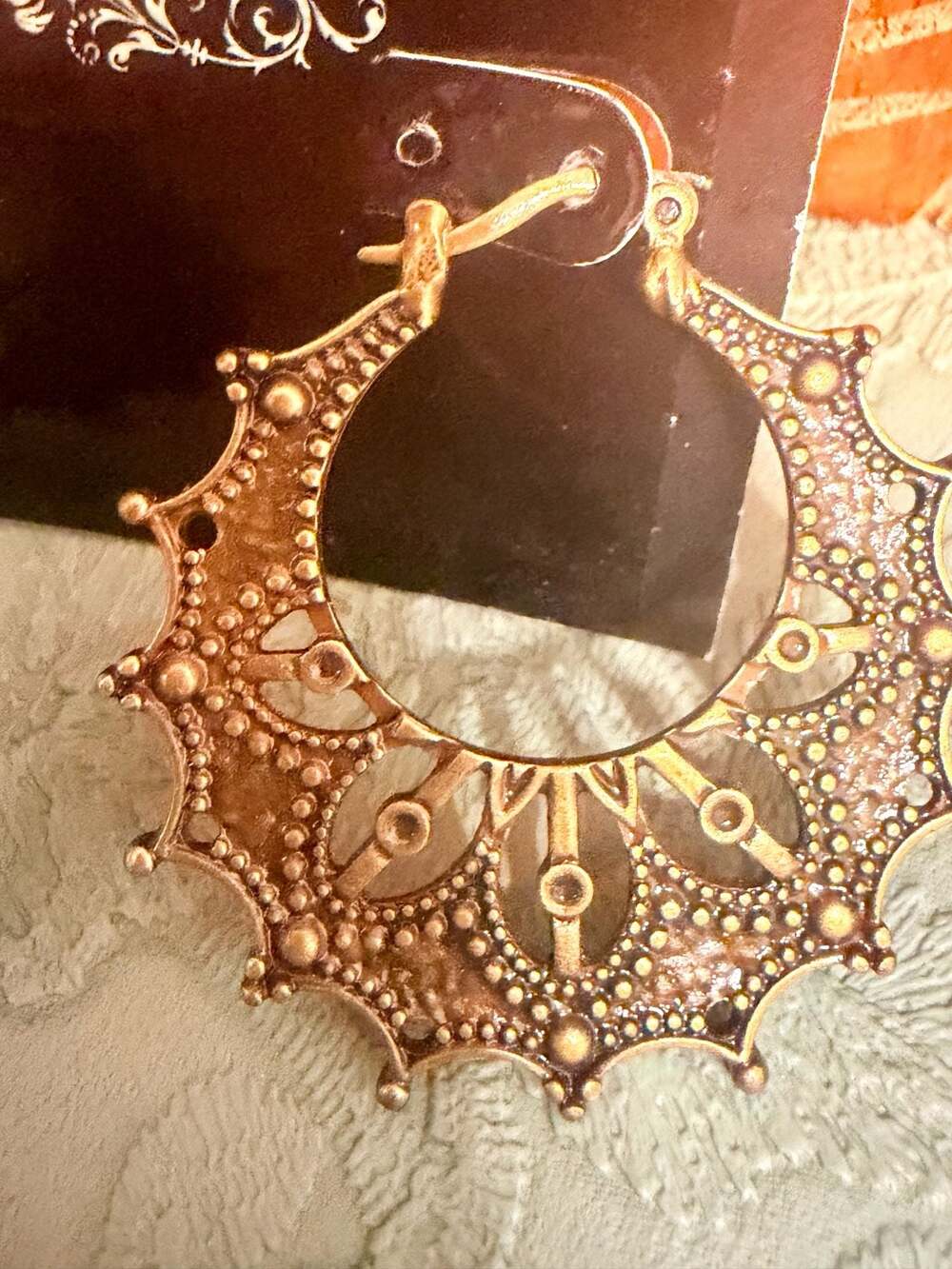 PREVU Ornate Mandala Filigree Hoop Earrings in Antique Gold Tone - Picture 2 of 2